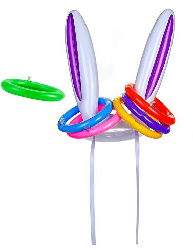FINGOOO Inflatable Bunny Ear Ring, Rabbit Ears Hat with 6pcs Rings Toss Game for Kids Adults Family Easter Game