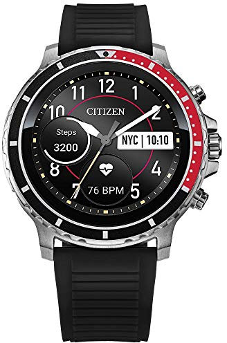 Citizen CZ Smart HR Heart Rate Smartwatch 46mm Black Silicone Stainless Steel Watch, Powered by Google Wear OS