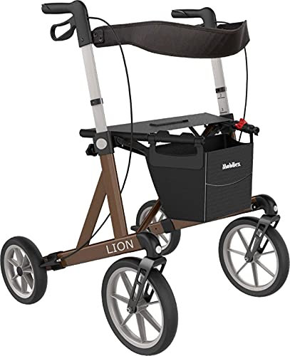 FabaCare XXL Rollator Lion mit Schleifbremse, Outdoor Leichtgewichtrollator mit Spezialbereifung, faltbar, Vollausstattung, bis 200 kg, Braun Metallic, Sitzhöhe 62 cm