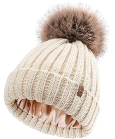 FURTALK Toddler Beanie Satin Lined Baby Boys Girls Winter Hats Pom Pom Beanies for Kids Beige