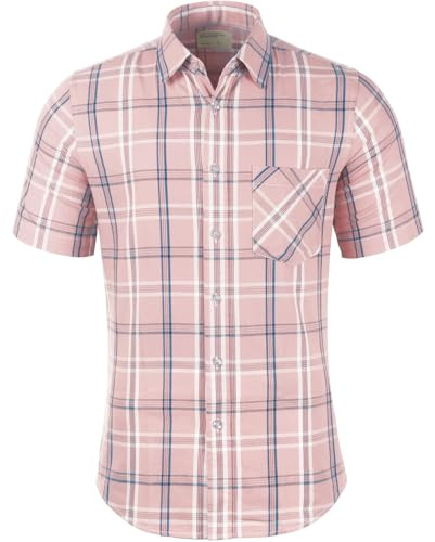 Mens Casual Regular Fit Short Sleeve Button Down Plaid Checked Shirts Pink-02, L
