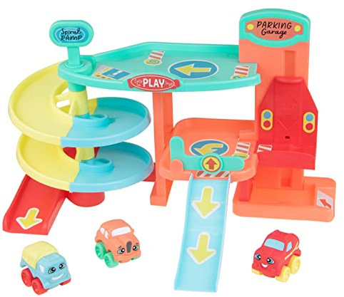 JC TOYS- Mi Primer Parking de Coches con Ascensor Lots to Play Toys, Incluye 3 Coches, rampas en Espiral y tobogán, fomenta la imaginación y Creatividad, Multicolor, Unisex, +18 Meses