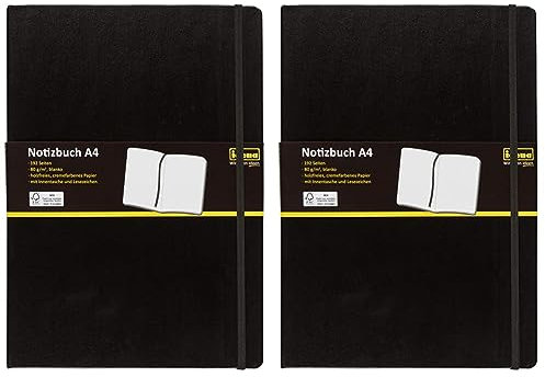 Idena 10053 - Notizbuch DIN A4, blanko, Papier cremefarben, 192 Seiten, 80 g/m², Hardcover in Schwarz, 1 Stück (Packung mit 2)