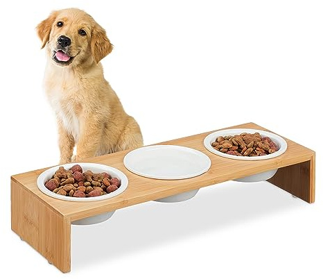 Relaxdays Futterstation Hund, Hundebar 3 Näpfe, je 400 ml, spülmaschinenfest, Bambus & Keramik, Napfständer, Natur/weiß