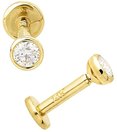 Jewelry Avalanche 16G 14K Yellow Gold Bezel Set 2.5mm Moissanite Labret Monroe Stud 6mm Post Flat Disk Bottom Lip Ring Tragus Stud Internally Threaded 14KLBRT-BZ25MNT6YG