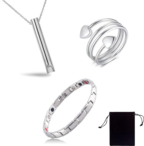 KSJEHW 3 Piezas Pulsera de Terapia magnética para Mujer, Anillos, Collares de respiración, de Acero de Titanio, para aliviar el Dolor de la Artritis, Pulsera magnética de curación(Plata)
