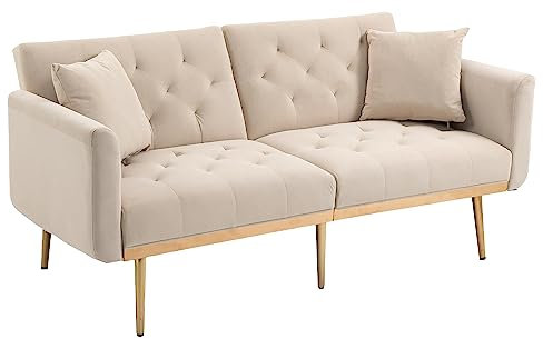 Divano Letto 3 Posti, Divano Letto Reclinabile con Braccioli con 2 Cuscini, con Gambe in Metallo Adatto a Soggiorni Camere da Letto Camere degli Ospiti,Beige