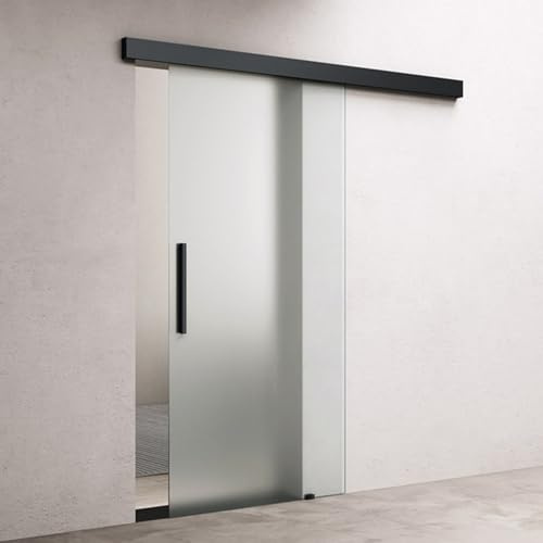 doporro Porta Scorrevole in Vetro 77.5x215cm, Porta Scorrevole in Vetro Satinato 8mm con Binario e Maniglia Per Asta per Bagno Cucina Studio Ufficio, Nero, Amalfi-plus 14H