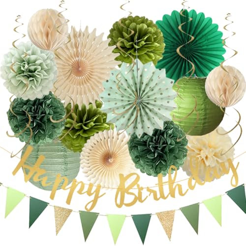 Decorazioni per feste di compleanno verde salvia oliva verde salvia beige ventagli di carta pom pom lanterne banner di buon compleanno bandiere triangolo oro verde ghirlanda per donne ragazze ragazzi