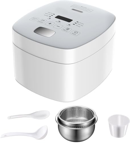 Novaspark Low Carb Rice Cooker Stainless Steel Inner Pot, Mini Stainless Steel Rice Cooker Small 5 Cup, LED Display Low Sugar Rice Maker, 24H Timer and Auto Keep Warm, White Rice/Porridge/Oatmeal, White