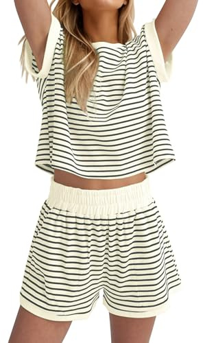 Famulily Women's Summer Striped Pyjamas Set Short Sleeve Top and Shorts Casual Loungewear Sets for Women UK Tracksuits with Pockets Beige S