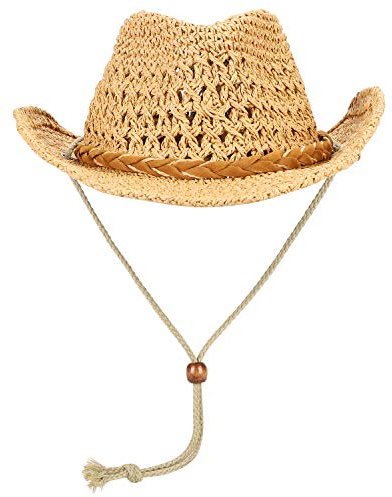 SIQITECHUK Kids Straw Cowboy Hat Wide Brim Sun Hat Beach Panama Fedora Cap Western Cowgirl Summer UV Protection Cap with Chin Strap