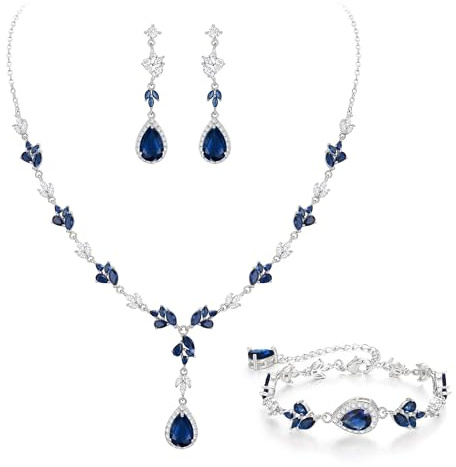 Rensa zirkonia bröllopssmycken set för brud, droppformad markis cZ-blad-smyckeset för kvinnor, brudtärnor, bal, formella kostymer, safir-silverfärgton