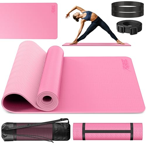 RE:SPORT Tappetino da yoga senza ftalati | Tappetino da ginnastica antiscivolo | Tappetino fitness privo di sostanze nocive | Tappetino da allenamento con tracolla senza ftalati 183 x 61 x 0,6 cm