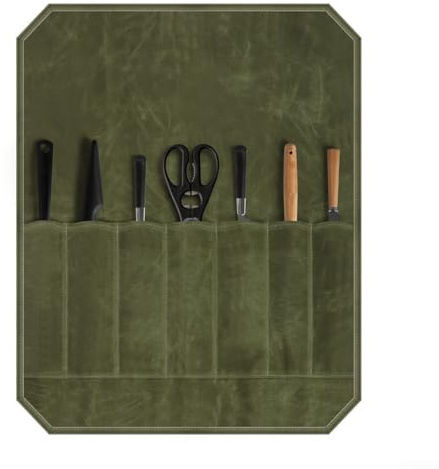 Desiumite Waxed Canvas Knife Roll Bag with 8 Slots, Waterproof Chef Knife Storage Case for Professional and Home Cooking, Portable Cutlery Carrier for Travel and Camping(Army Green)