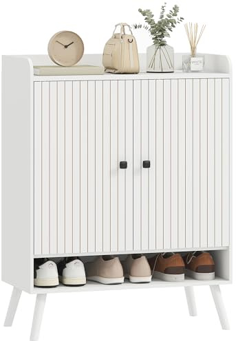 HOMCOM Schuhschrank mit 2 Türen, für den Eingangsbereich, mit verstellbaren Regalen, offenes Fach, für 15 Paar Schuhe, 75 x 35 x 97 cm, Weiß