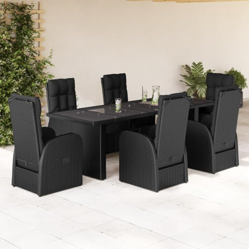 Qnhdfrt Gruppo da giardino in rattan sintetico, 7 pezzi, nero, 240 x 90 cm, con sedie da giardino regolabili e sedili spessi 5 cm, moderno e durevole, per giardino, balcone, terrazza