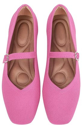 Maqixz Knit Flats for Women Square Toe Casual Ballet Flat Shoes with Ankle Strap Washable Comfortable Formal Mary Jane Flat Shoes Pink-12
