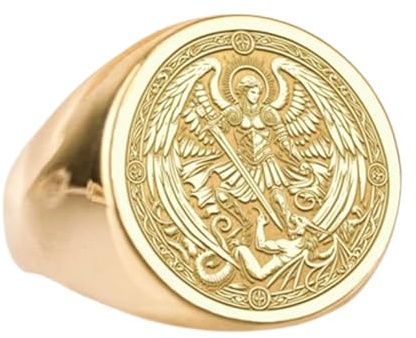 LKBEADS Erkeängel Michael i 925 sterlingsilver | Guldpläterad ring | Sigillring i rund form, 15 x 15 mm | Bandstorlek US 5–12,5 avelaibal | LKDR_0671