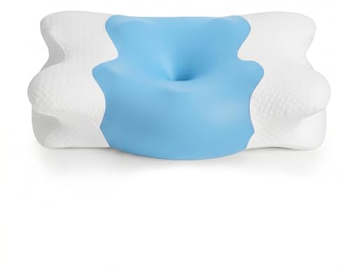 COSYLAND Almohada Cervicales y Cuello - Espuma Viscoelástica, Diseño Mariposa con Soporte Ergonómico y Transpirable, para Dormir de Lado, Boca Arriba y Boca Abajo, 60 x 40 x 10/13 cm, Azul