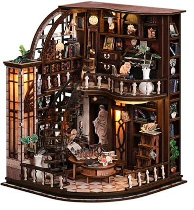 BATTREVO Book Nook Bausatz-Librería Bacchus- DIY Miniatur-Holzpuzzle，Vintage Bücherzimmer mit LED-Beleuchtung，Nook Art，Bookshelf Miniature，Weihnachtsgeschenk Zum Geburtstag