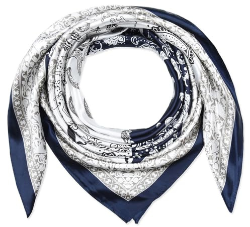 corciova Large Square Satin Silk Like Lightweight Scarf Hair Sleeping Wrap Women Navy Blue White Paisley Headband Headscarf