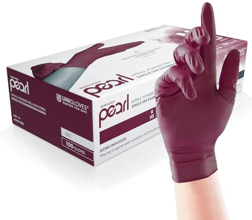 Unigloves Burgundy Pearl - Guantes de examen de nitrilo - Guantes desechables multiuso, sin polvo y sin látex - Caja de 100 guantes, color borgoña, medianos (GP0123)