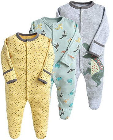 Minizone Baby Schlafanzug Pack of 3, Strampler Langarm Pyjamas Schlafstrampler 6-9 Monate