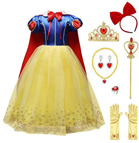 IWEMEK Mädchen Schneewittchen Kleid Magie Prinzessin Cosplay Kostüm Kinder Fancy Dress Up Grimms Märchen Kostüme Kleider mit Umhang Partykleid Faschingskostüm für Karneval Halloween Blau 9tlg 7-8