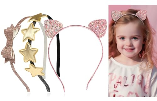 KAQILE - Diademas de seda para niña, con purpurina, para niñas y niños, con lazo, purpurina, con corazón y estrella, para diademas (3 unidades)