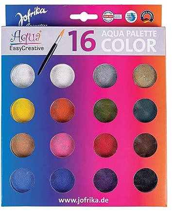 JOFRIKA Aqua Color Palette 16er | Schminke mit 15 Farben und Glitzerpuder | Inklusive Pinsel | Wischfest | Wasserlöslich | Leichte Handhabung | Karneval, Halloween u. Events | mehrfarbig 708795 - STD