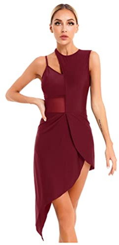 inhzoy Robe Danse Moderne Contemporaine Jazz pour Femme Asymétrique Épaule Robe Danse Valse Salsa Chacha Tango Samba sans Manches Élégant Robe Cocktail Soirée S-XXL Rouge Foncé S