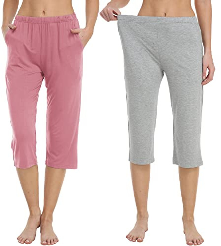 MoFiz Pantalon Pijama Mujer Modal Pantalon 3/4 Largo Verano Cintura con Cordón Ajustable 2 Pantalón Pijama Pack