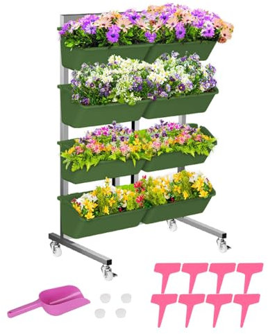 Mobiler Blumenständer, Edelstahl Pflanzenständer mit 4 Etagen, Vertikales Hochbeet, Blumentreppe, Gemüsebeet Kräuterbeet Frühbeet Blumenbeet, Blumentopfregal für Terrasse Garten Balkon (Dunkelgrün)