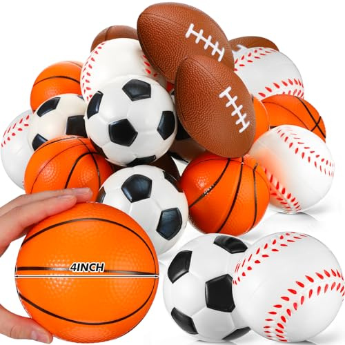 Leyndo 30 Pack 4 Extra Large Sports Stress Balls Bulk PU Squeeze Foam Balls Basketball, Football, Baseball, Soccer, Fidget Toy for Tension Relief Sport Party Favors Class Prizes Kids Adult