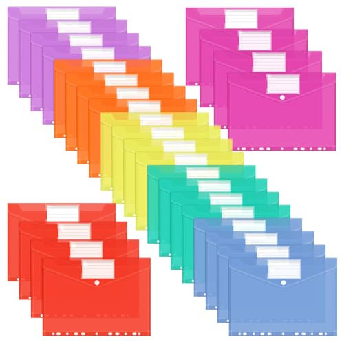 Gemtte Dokumententasche A4, 28 Stück Dokumentenmappe, 7 Farben Mehrfarbig mit 11 Lochrand, Etikettentasche für Dokumente Organisieren