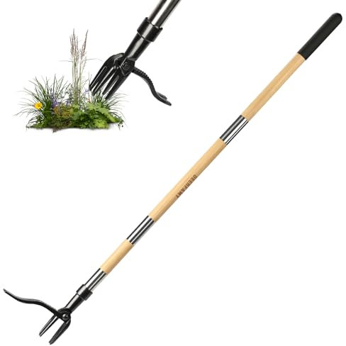 DEERFAMY Extractor de malas hierbas de madera con mango largo y garras de acero inoxidable, ajustable, diente de león, ideal para jardín y césped