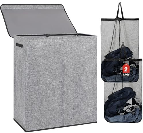 DOKEHOM 150L Double Laundry Basket with Lid and Removable Laundry Bags, Large Collapsible Laundry Hamper with 2 Sections for Bedroom, Bathroom, Laundry Room, Colloge (Grey)