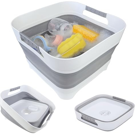 GIMWA 2.6 Gal(10L) Collapsible Wash Basin for Baby Bottles, Gray Space-Saving Collapsible Dish Basin with Drain Plug for bottle washing, Collapsible Bucket for RV Kitchen Essentials