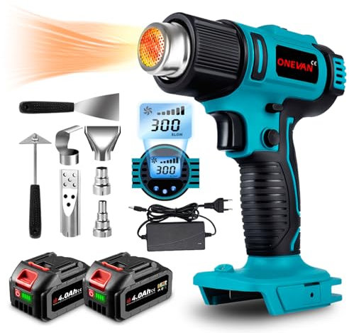 ONEVAN pistola de calor inalambrica, 50-550 ℃ pistola aire caliente con 2 baterías de 4.0 Ah, pantalla LCD digital, decapador aire caliente a bateria incluye 5 boquillas y 2 raspadores