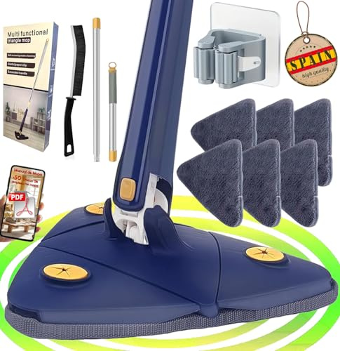 HICAREL® Mopa Triangular Giratoria 360 Autoescurrible de Microfibra, Mopas de Limpieza Suelos, Azulejos y Paredes, Cepillo de Juntas, Colgador, 6 Recambios, Manual y Trucos. Fregona Autoescurrible