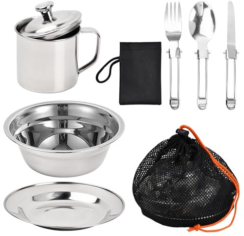 Dokeno 8pcs Set de Couverts Camping, Kit de Camping Vaisselle en Acier Inoxydable, Ustensiles de Camping avec Assiette Tasse Fourchette Cuillère Couteau Sac Portable pour Randonnée Pique-Nique Voyage