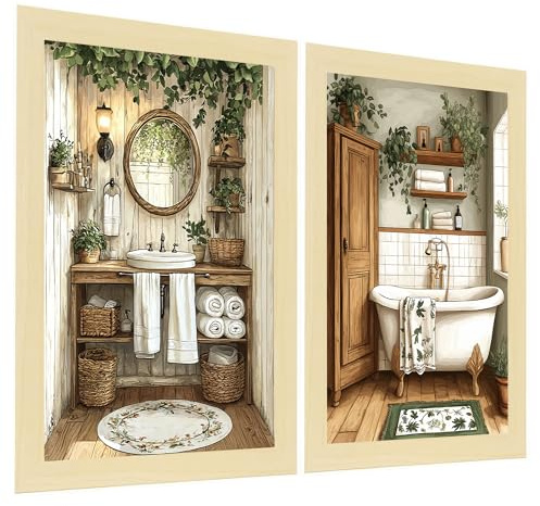 Nacnic Set de 2 Cuadros de Baño Rústicos con Ilustración Impresa en Estilo Pintura al Óleo Vintage para Decorar, Arte de Pared para Casa de Campo Inodoro, Ducha, Baño, WC A4 Marco de Madera Clara