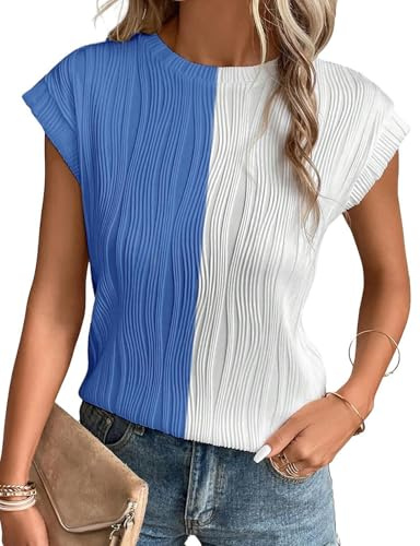 Gemulate Spring Shirts for Women Short Sleeve Summer Tunic Tops Womens Casual Knit tee Shirts Round Neck Office Blouses Blue White 3XL