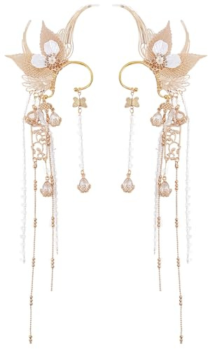 NICENEEDED Butterfly Elf Ear Cuffs, Handmade Golden Fairy Ear Cuffs with Tassel, Non Piercing Ear Clips Cosplay Accessories for Women Halloween