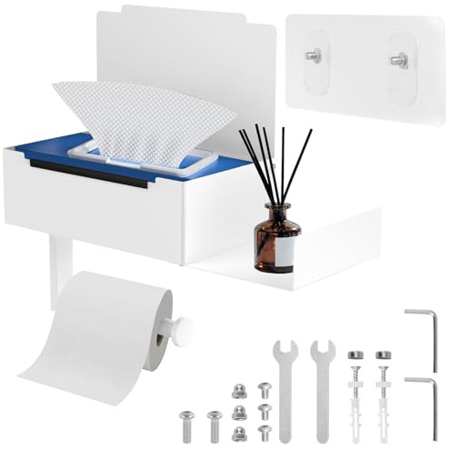 Hevtsde Toilet Paper Holder with Shelf - Carbon Steel Wipes Dispenser for Bathroom, Easy Cleaning No Drilling Wall Mount Toilet Roll Holder with Storage for Home Hotel Kitchen