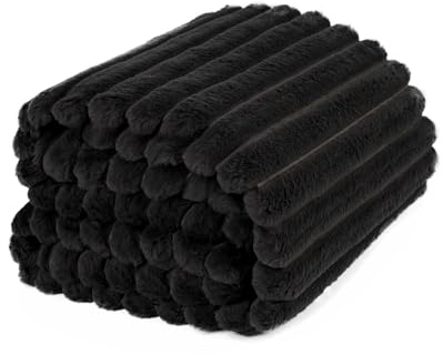 OHS Faux Fur Ribbed Throw Blanket for Sofa, Super Soft Cosy Warm Winter Thick Fleece Blanket for Bed Decorative Fluffy Double Bed Throws Over Sofas Couch, Black - 150 x 200cm