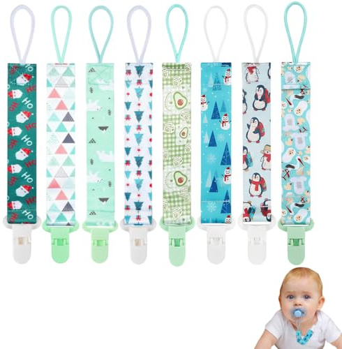 Set de 8 pièces attache tetine personnalisé (avec clips de sécurité), adapté aux bébés garçons et filles attache tetine, chaînes et clips pour tétines, faciles à nettoyer (vert).