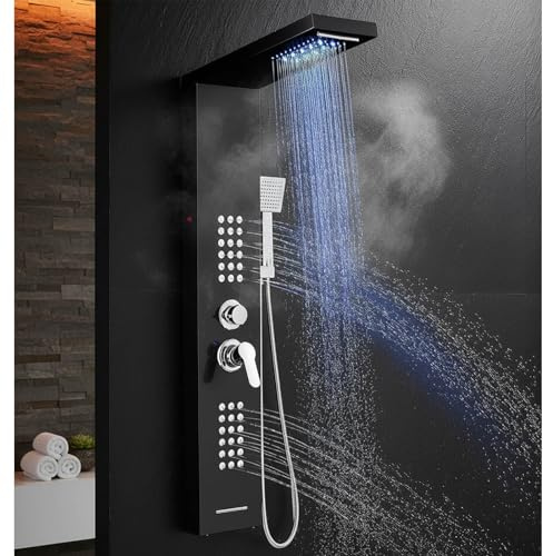LED Shower Panel Tower 6 in 1 Shower Coulmn System Waterfall & Rainfall 8 Massage Handheld Shower Bath Spout, Brushed Stainless Steel