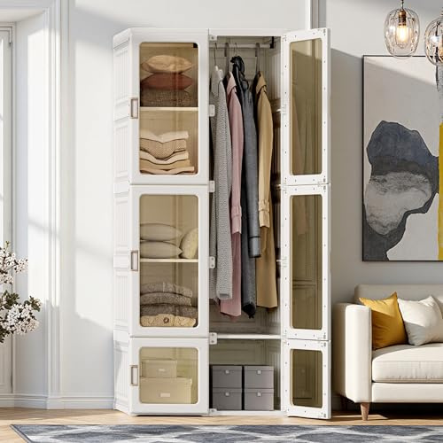 Poeahu Armario portátil plegable de plástico, armario de almacenamiento con 6 puertas magnético transparente, 10 compartimentos y 1 percha, armarios armario para salón y pasillo, blanco, 69 x 50 x 170